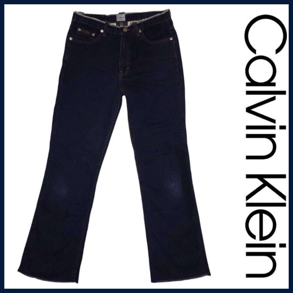 CALVIN KLEIN Cute High Rise Flare Jeans, Distressed Dark Denim, Frayed, Size 7